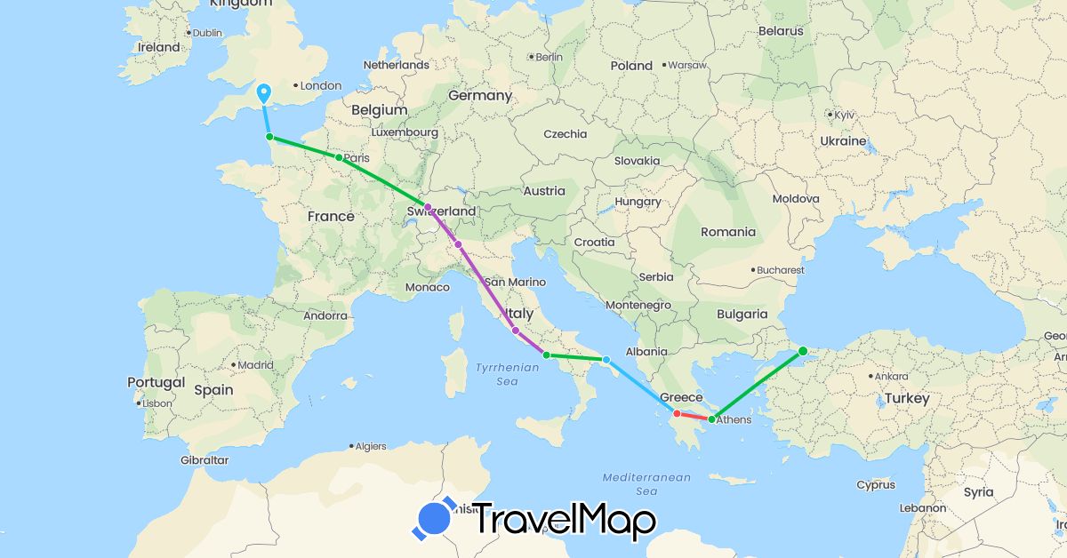 TravelMap itinerary: driving, bus, train, hiking, boat in Switzerland, France, United Kingdom, Greece, Italy, Turkey (Asia, Europe)